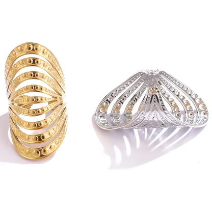 Geometric Curved Hollow Multi Layer Wide Stainless Steel Gold Rings