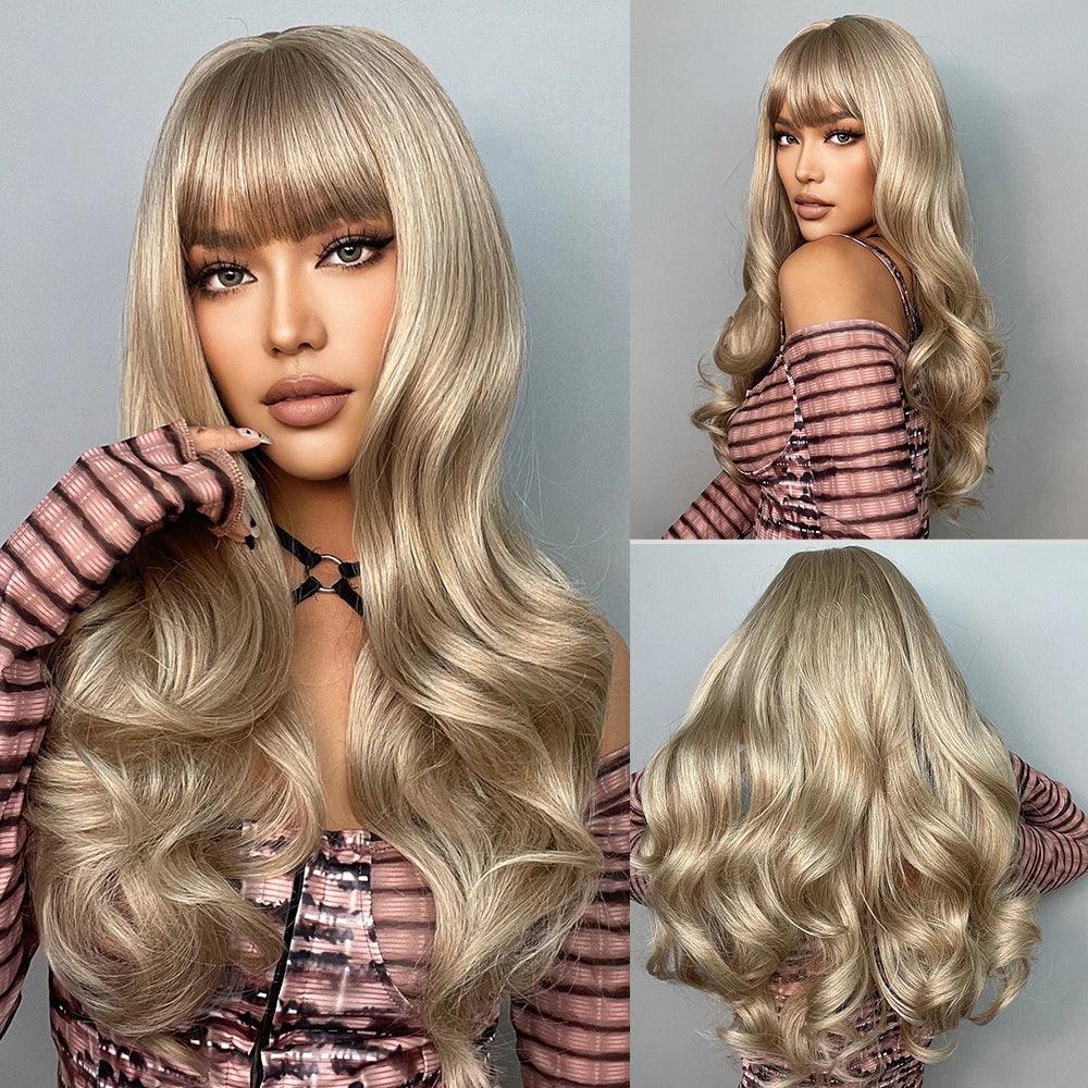 Long Natural Wavy Platinum Blonde Wigs
