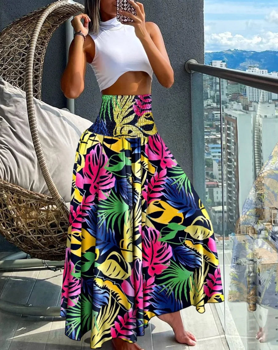 High Waist Long Bohemian Geometric Maxi Skirt S