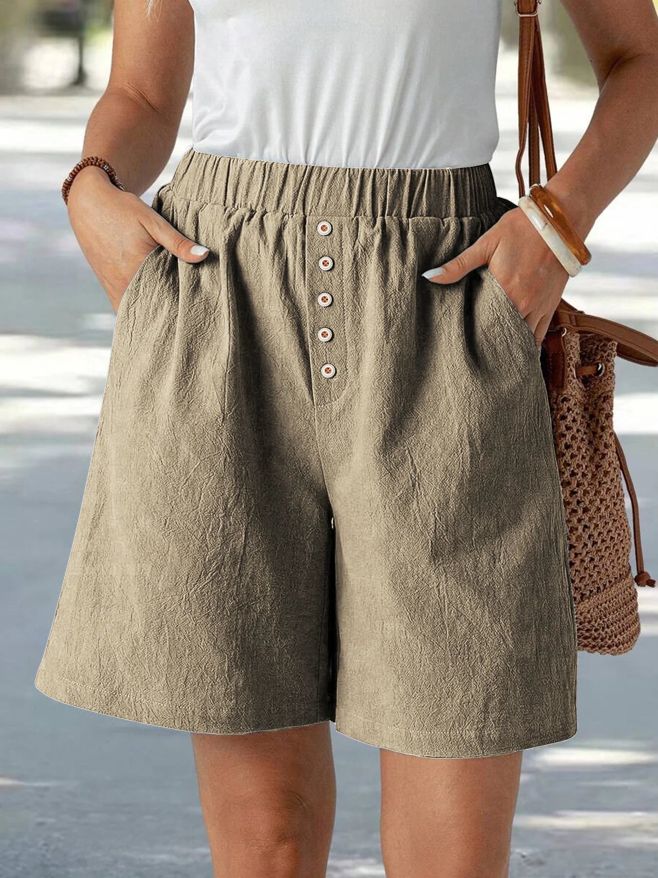 Summer Casual Loose Pocket Buttoned Linen Shorts