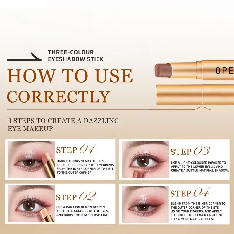 Three-Color Eyeshadow Stick Shimmering Highlighter Eyeshadow Stick Waterproof and Long-Lasting Pearlescent Metallic Eyeshadow