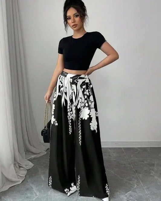 Tropical Print Wide-Leg Slim Fit Pants