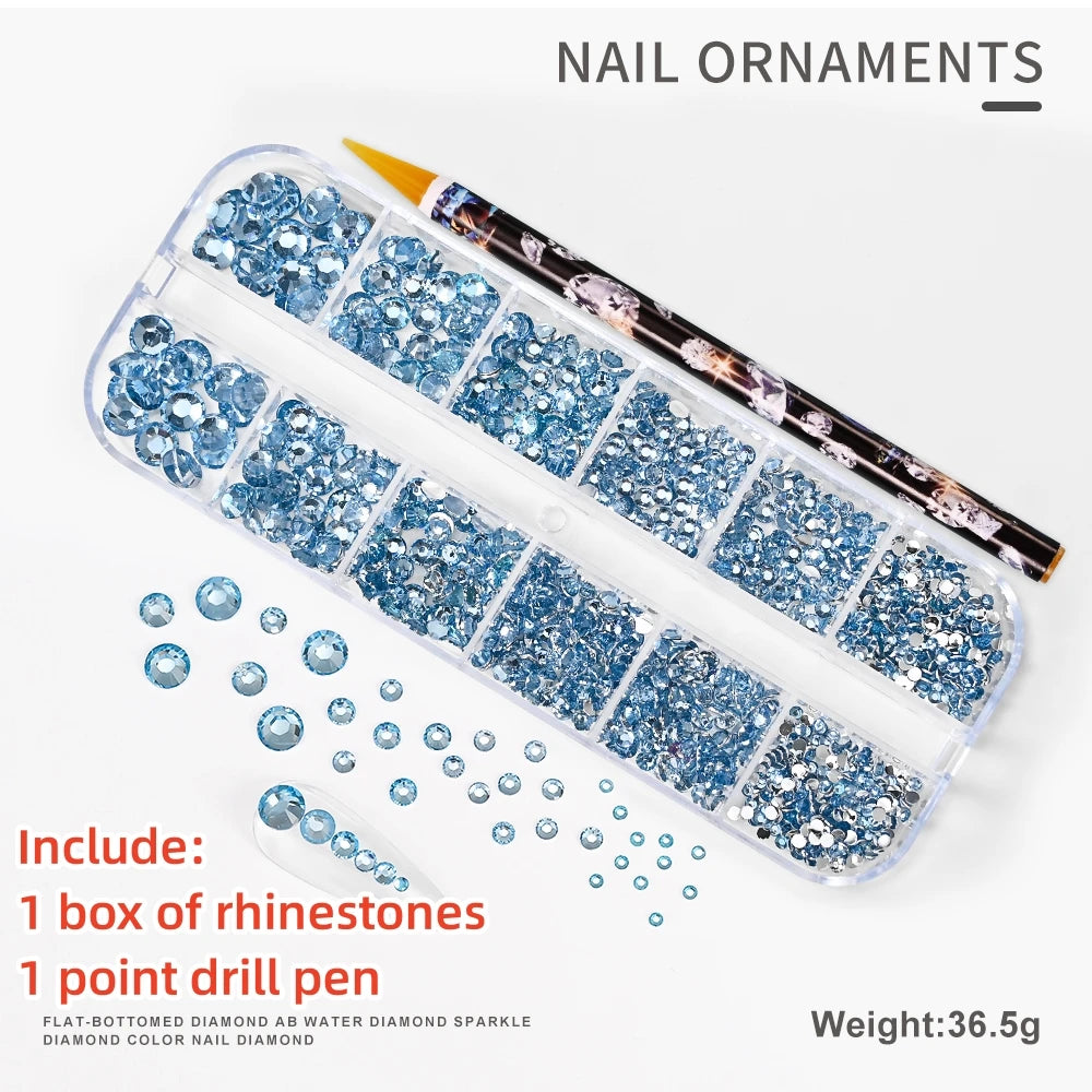 12Gird 3D Glass AB Crystal Nail Art Rhinestones Kit