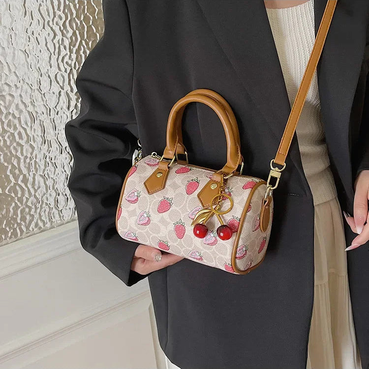 Crossbody Cherry Pattern PU Leather Boston Handbag Shoulder Bags
