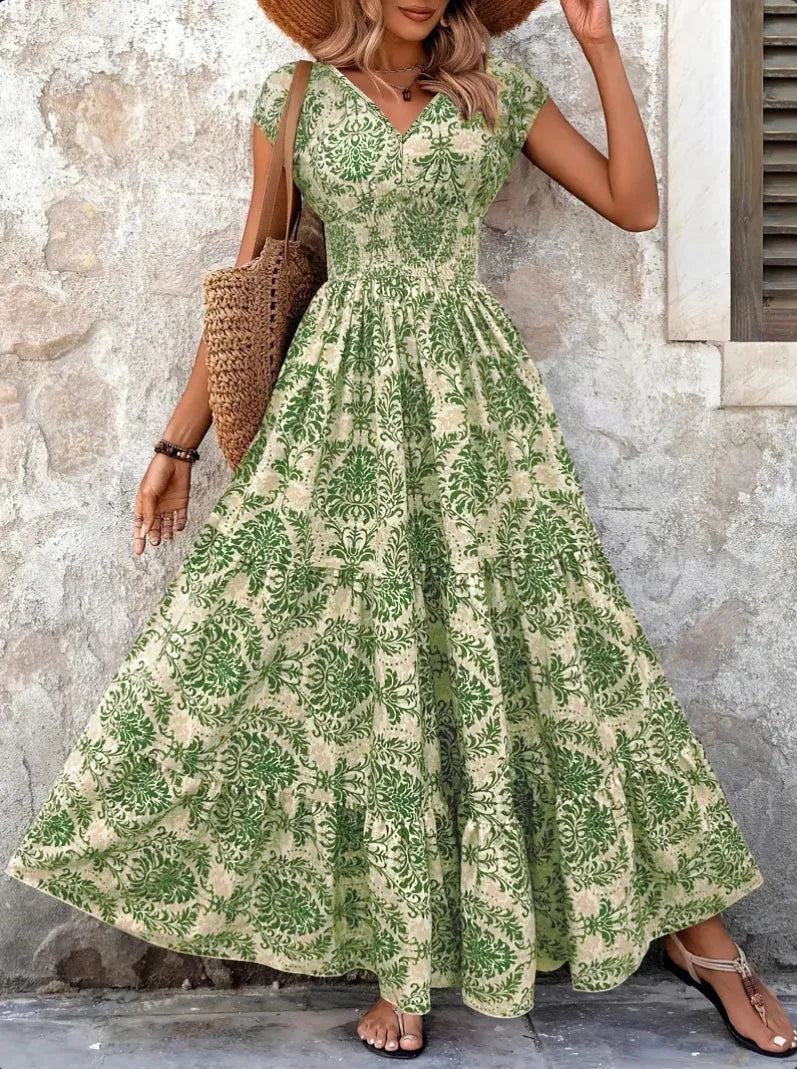 Vintage Floral Print Elegant V-Neck Short Sleeve Dress