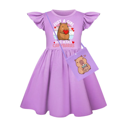 Capibala Kids Cute Capybara Fly Sleeve Casual Dresses