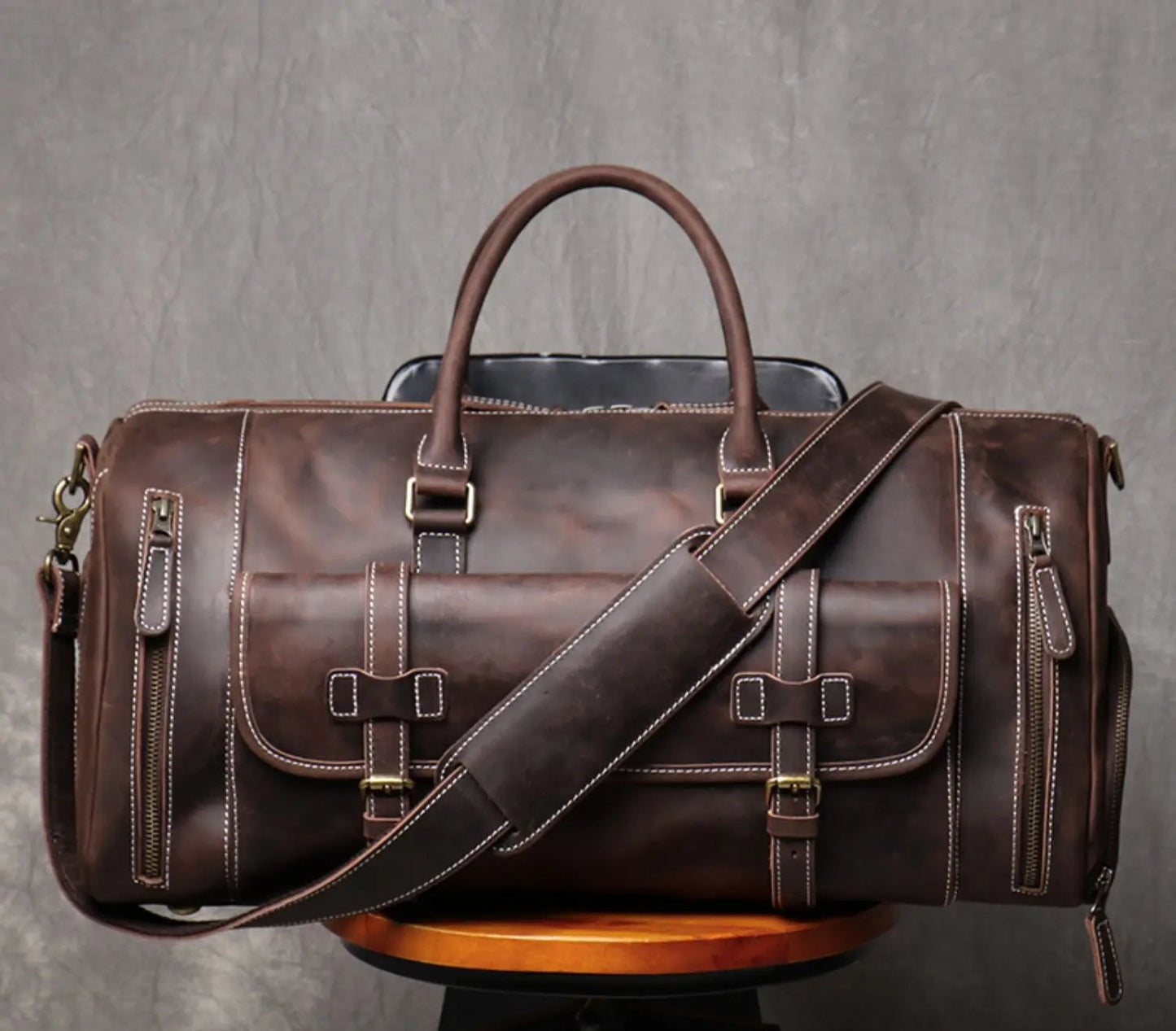 Vintage Crazy Horse Genuine Leather Travel Bag  Large Luggage