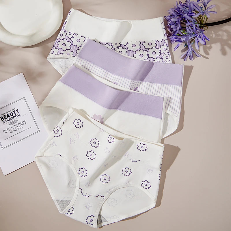 4PCS High Waist Cotton Underpants Plus Size Lingerie