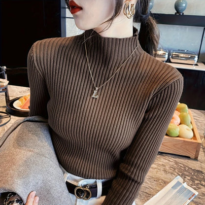 Knitted Long Sleeve Mock Neck White Knit Tops Sweaters
