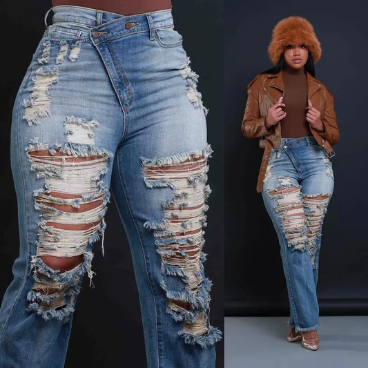 Pencil Denim Hole Ripped Pockets High Waist Jean Skinny