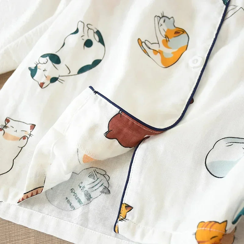 Japanese 100% Cotton Gauze Thin Short-sleeved Shorts Cute Cat Cartoon Pajama Set
