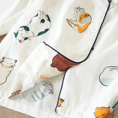 Japanese 100% Cotton Gauze Thin Short-sleeved Shorts Cute Cat Cartoon Pajama Set