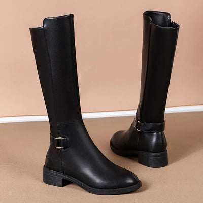 Black Pu Leather Knee Metal Buckle Decoration Long Boots