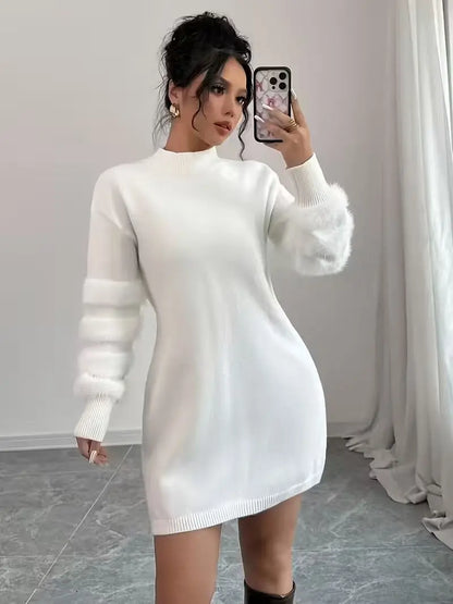 Casual Stand-Collar Loose-Fit Knit Patchwork Dress