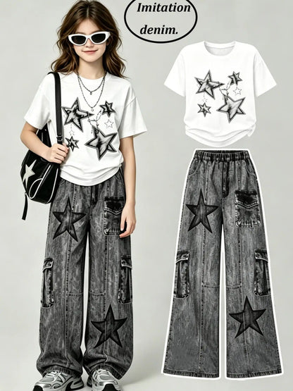 Casual Star-Printed T-Shirt + Faux Denim Cargo Pants Two-Piece Set i