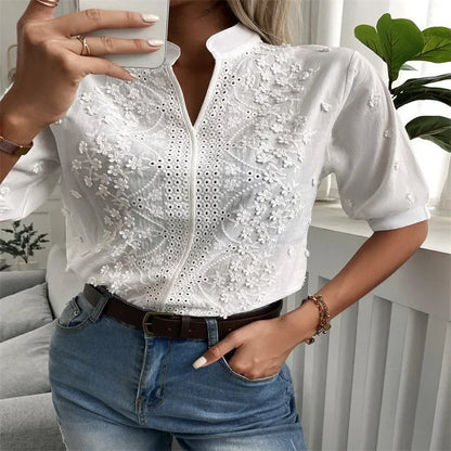 Elegant Short Sleeve White Crochet Blouses
