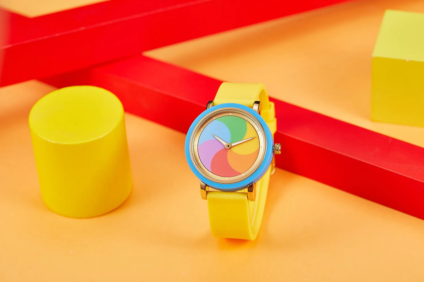 Rainbow rotating dial silicone strap watch