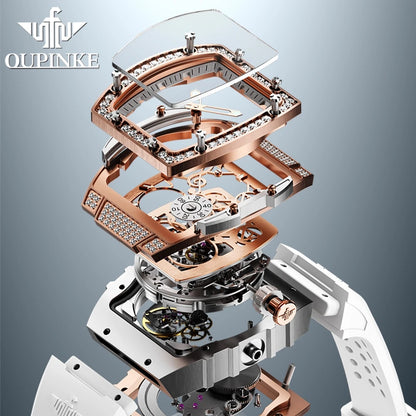 Luxury Skeleton Flywheel Tonneau Dial Automatic Mechanical Diamond Watch