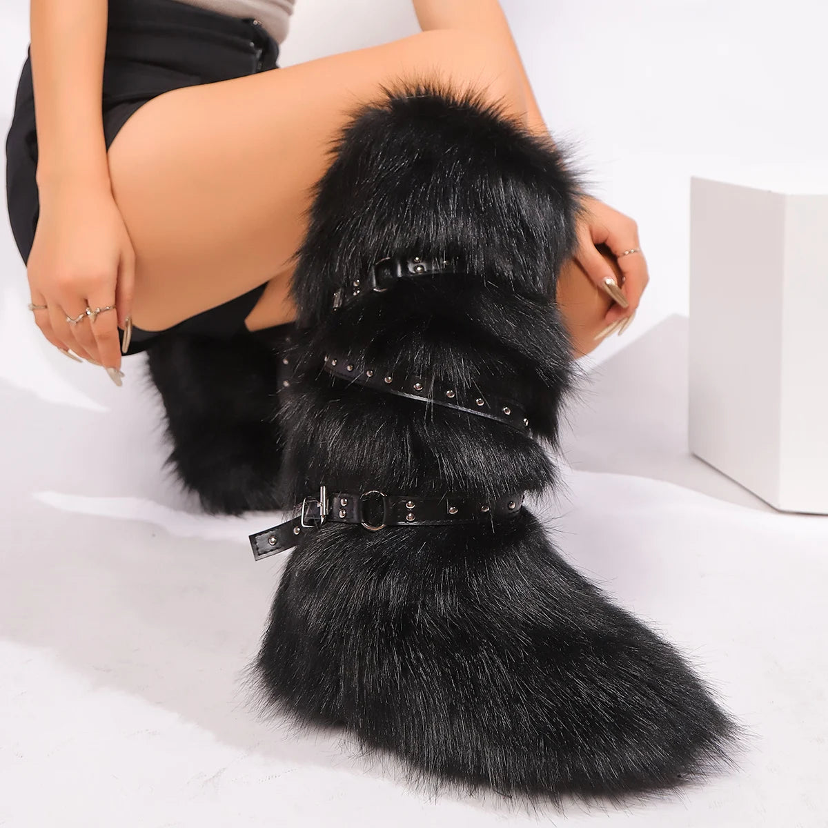 Red Animal Fur Belt Buckle Mid-Calf Boots