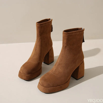 Thick soled high-heeled back zipper short boots