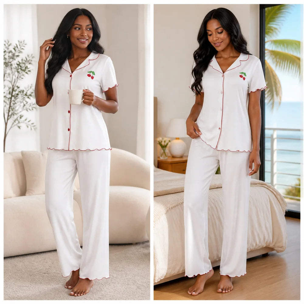 Lapel Cherry Sweet Romantic Pastoral Pajama Set