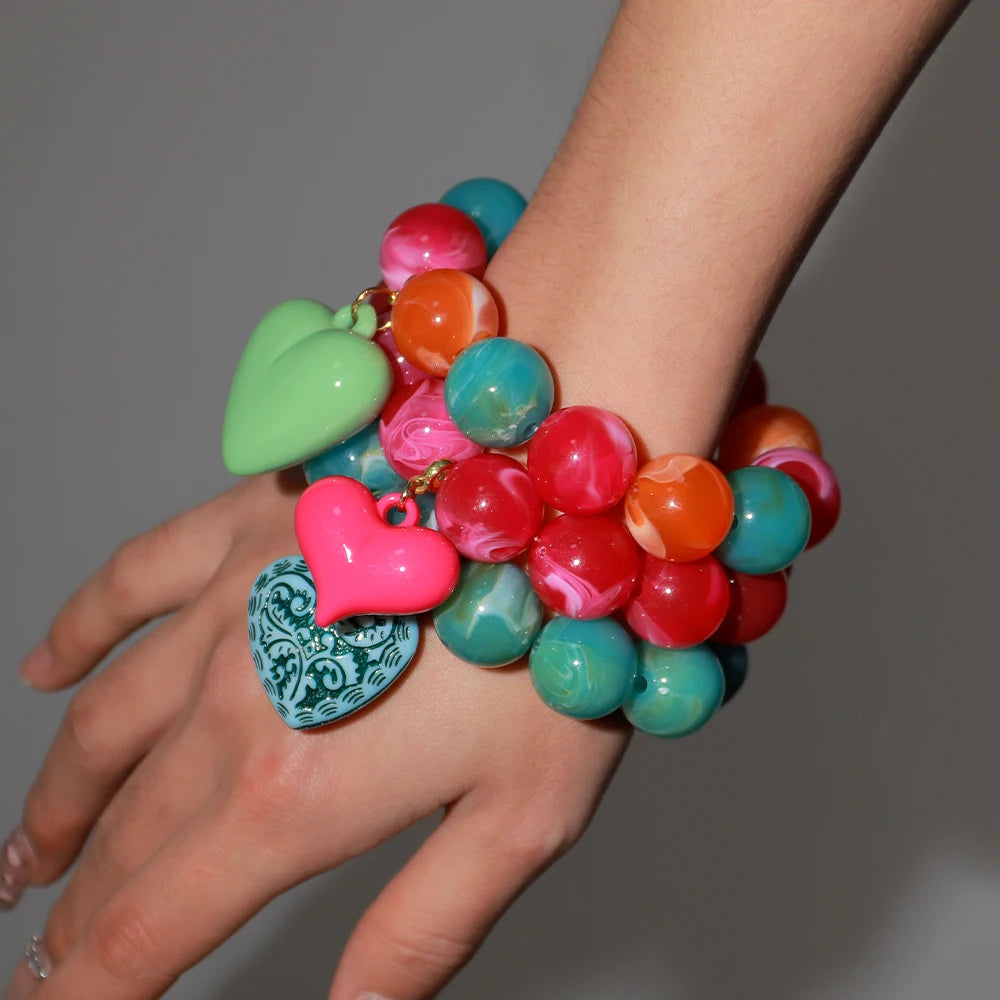 Boho Colorful Round Beads Heart Pendant Elastic Bracelets