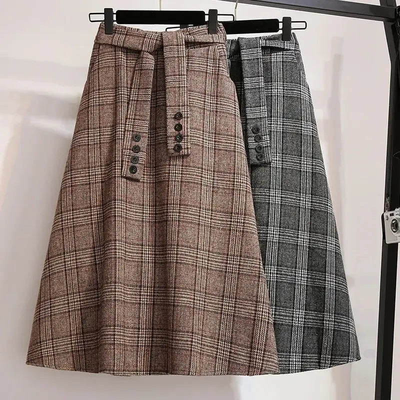 Vintage A-line High Waist Lace Up Buttons Loose Mid-Calf Long Skirts