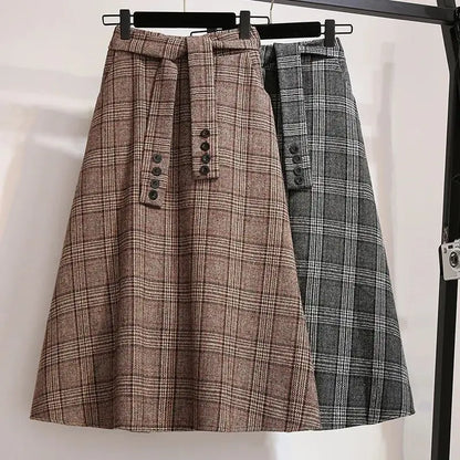 Vintage A-line High Waist Lace Up Buttons Loose Mid-Calf Long Skirts