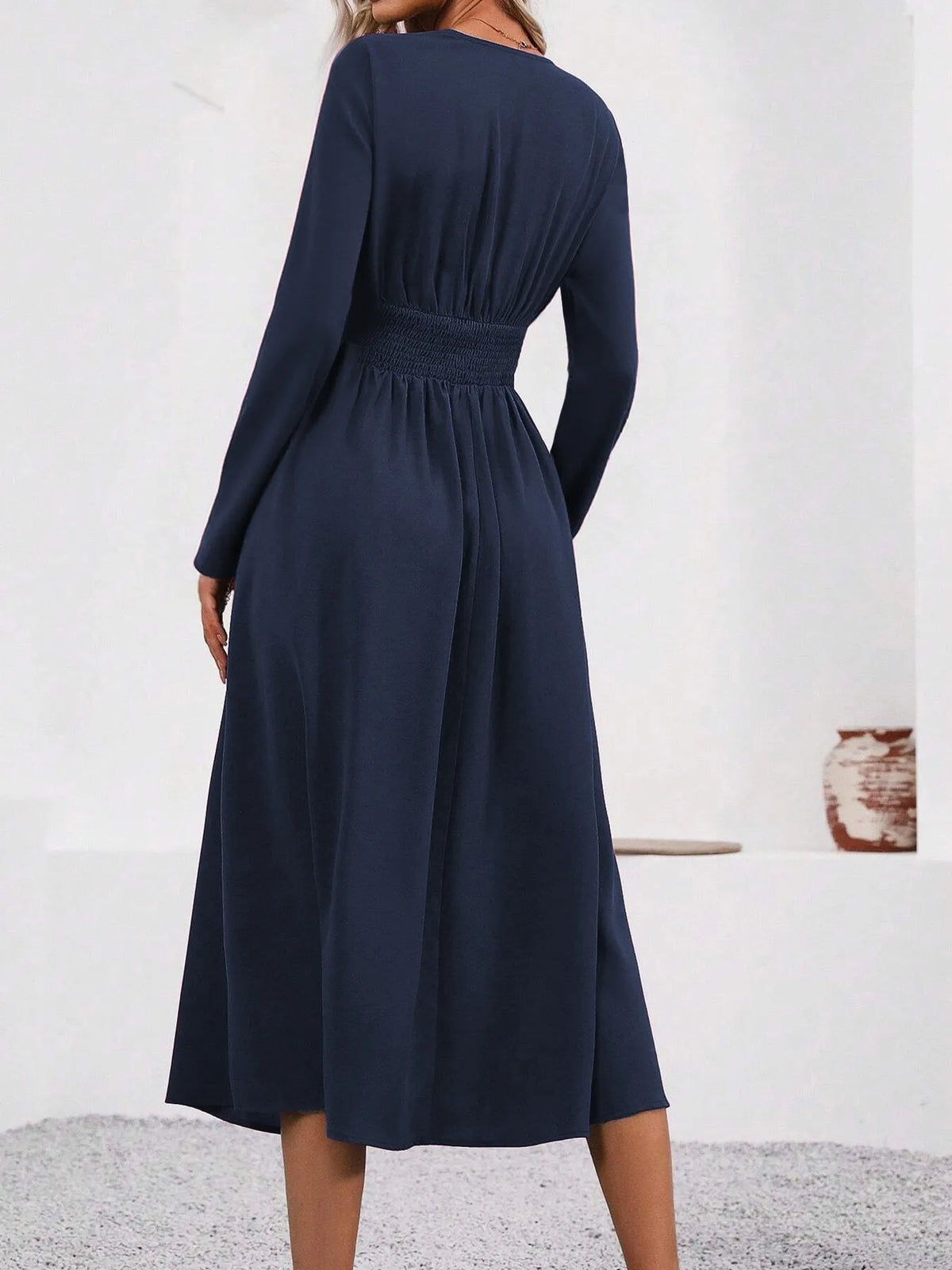 Elegant V-Neck Long Sleeve with Waist Shirring Bodycon Long Maxi Dress