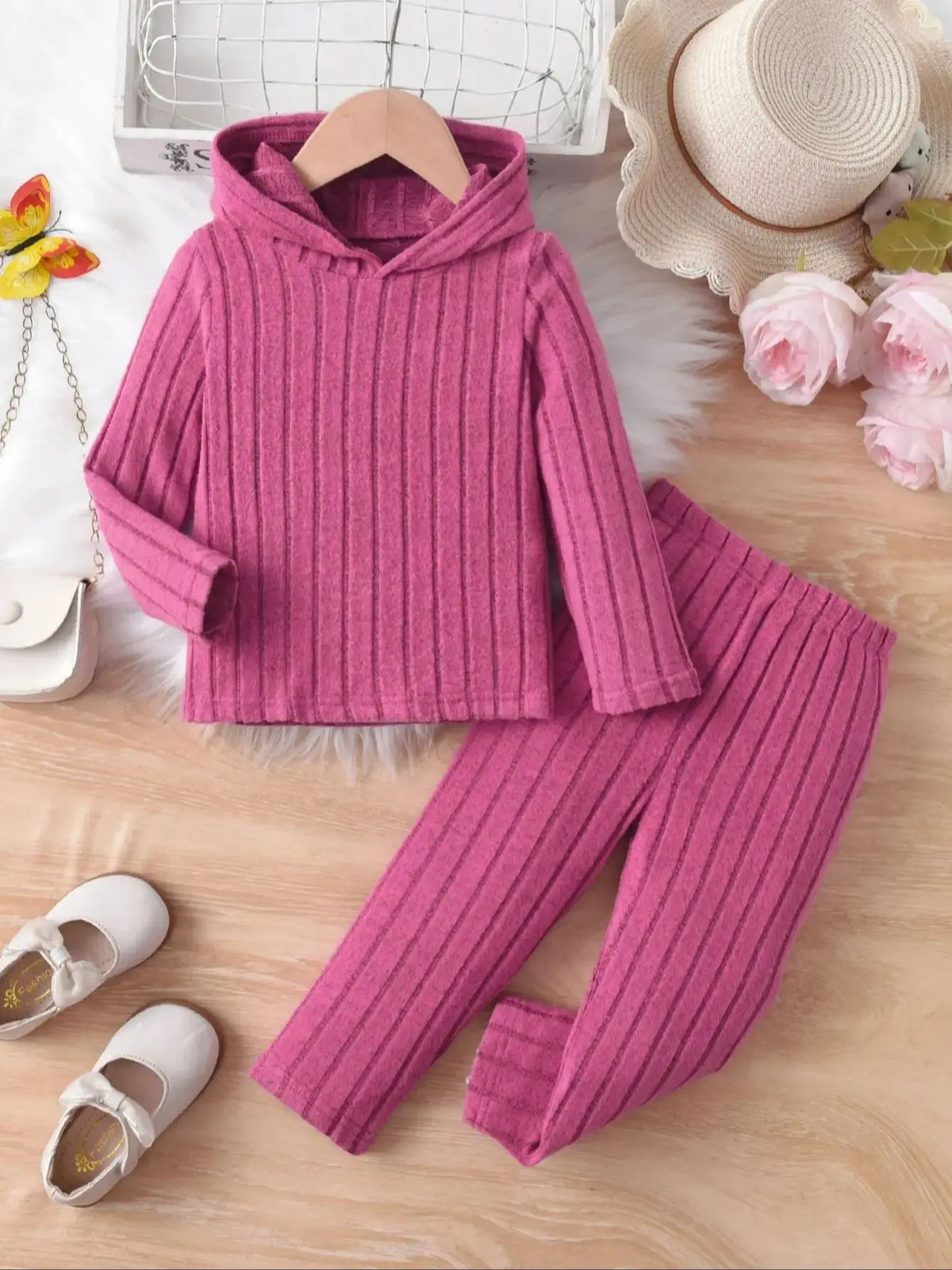 Girls' Casual Ribbed Long-Sleeved Hoodie And Trousers Set