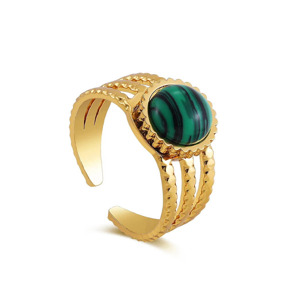 Creative Gold Plated Stainless Steel Simple Geometric Round Natural Stone Ring