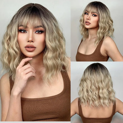 Wavy Bob Short Blonde Dark Roots Wigs