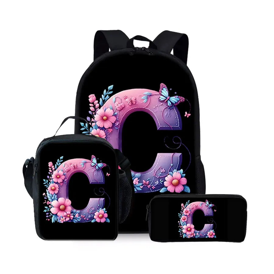 English Alphabet Pattern 2D Flat Cartoon School Backpack Three Piece Set