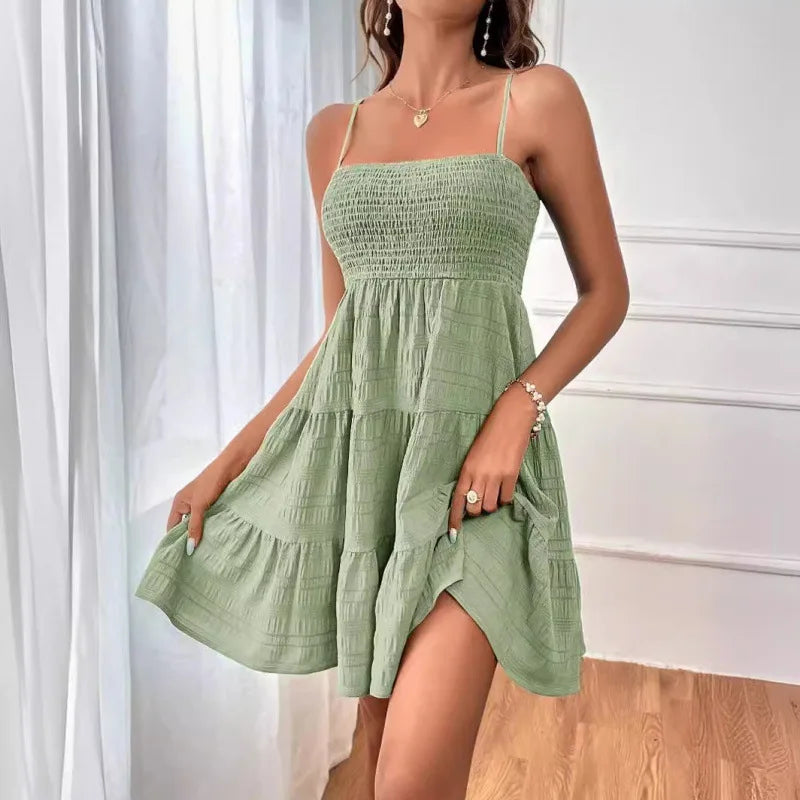 Spaghetti Strap Smocked Bustier Mini Swing Dress