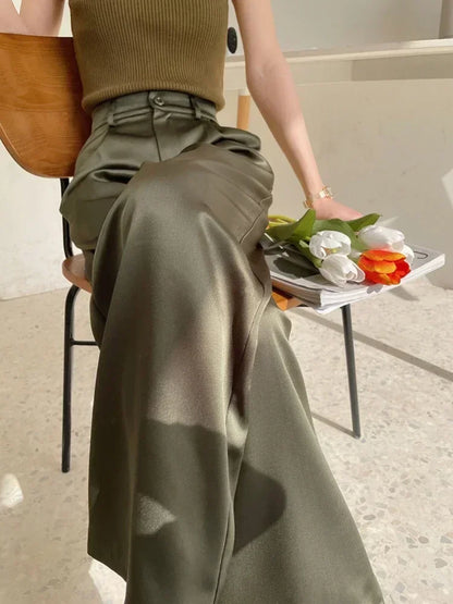 High Waist Wide Leg Fit Classic Black Silk Satin Korean Style Pants