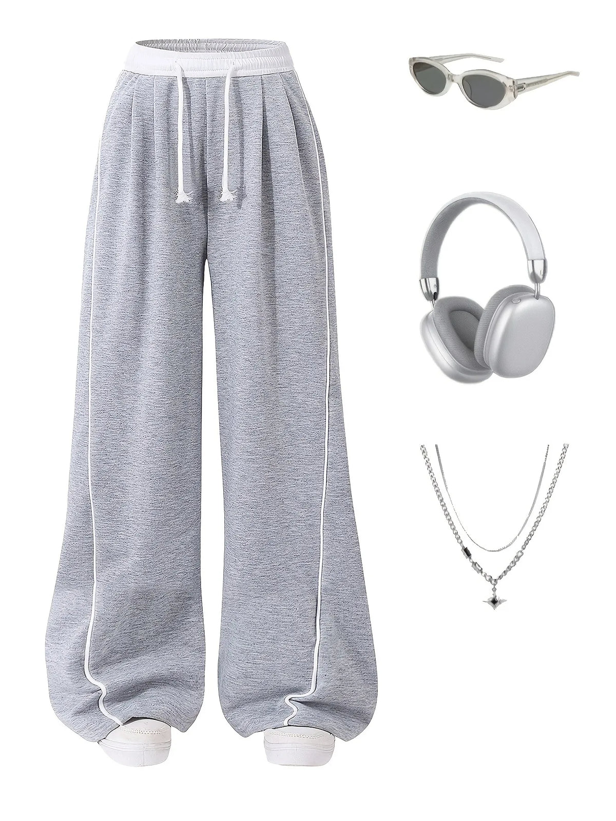 Contrast Line Drawstring Waist Baggy Wide Leg Casual Sport Sweatpants