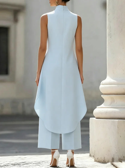 Sleeveless High Neck Jumpsuit With Asymmetric Draped Overlay Wide Leg