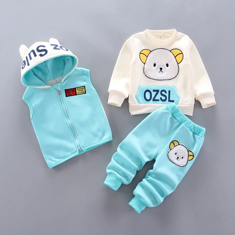 Winter Plus Velvet Thick Flannel Fleece 3Pcs Warm Cartoon Sleepwear Set