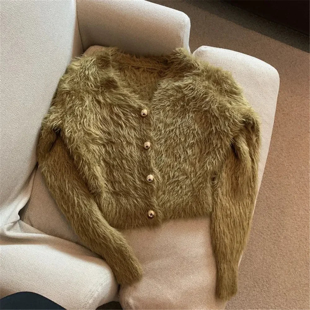Streetwear Korean Knitwear Solid Slim Jumpers Cropped Mohair Sweater Coat