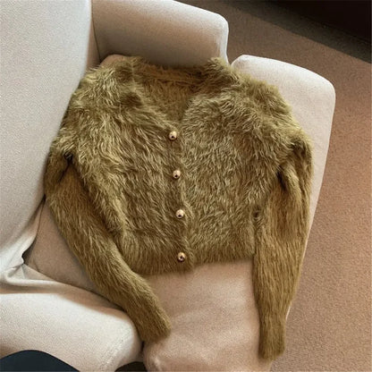 Streetwear Korean Knitwear Solid Slim Jumpers Cropped Mohair Sweater Coat