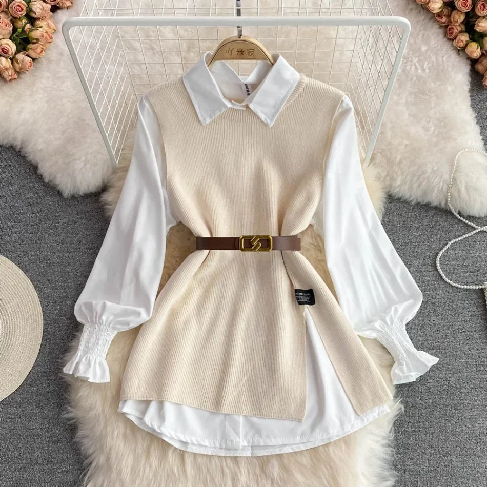 Chic Age-Reducing Long Sleeve White Shirt Sweater Loose Fit Knit Vest Pullover Set