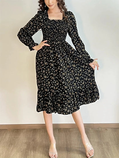 Long Sleeve Casual Chiffon Floral Elastic Chest Lace Up Midi Dress