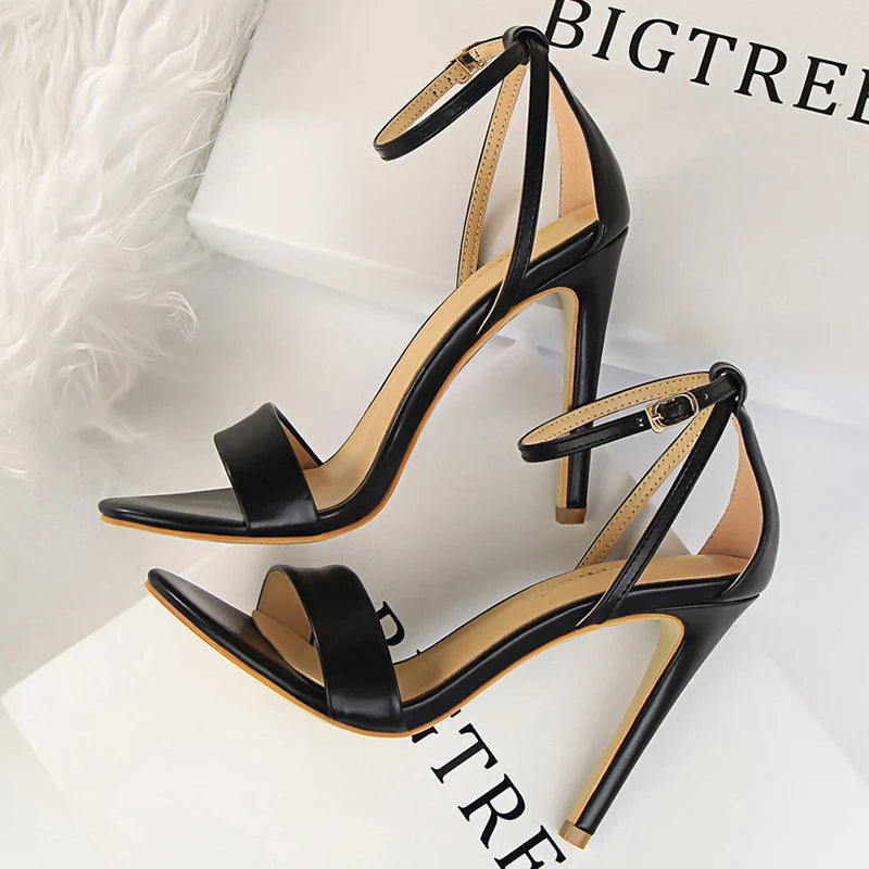 Black-White Concise Leather 11cm High Heels Sandals