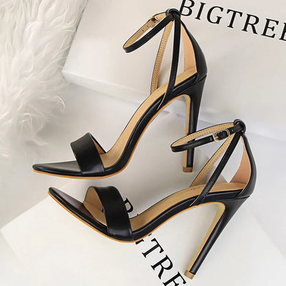 Black-White Concise Leather 11cm High Heels Sandals