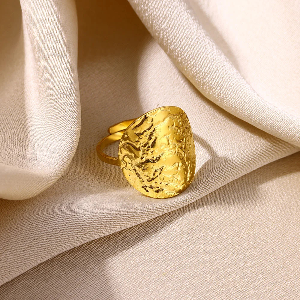 Gold Stainless Steel Coin Broad Surface Elliptical Geometry Rings