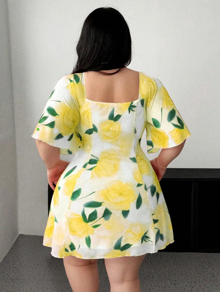 Plus Size Romantic Floral Ruffle Sleeve Dress