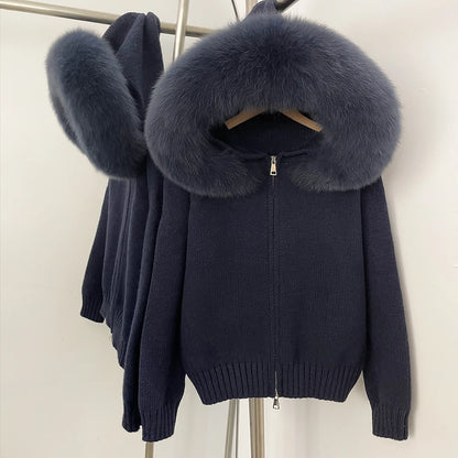 Autumn Winter Casual Hooded Real Fox Fur Collar Short Knitted Jacket