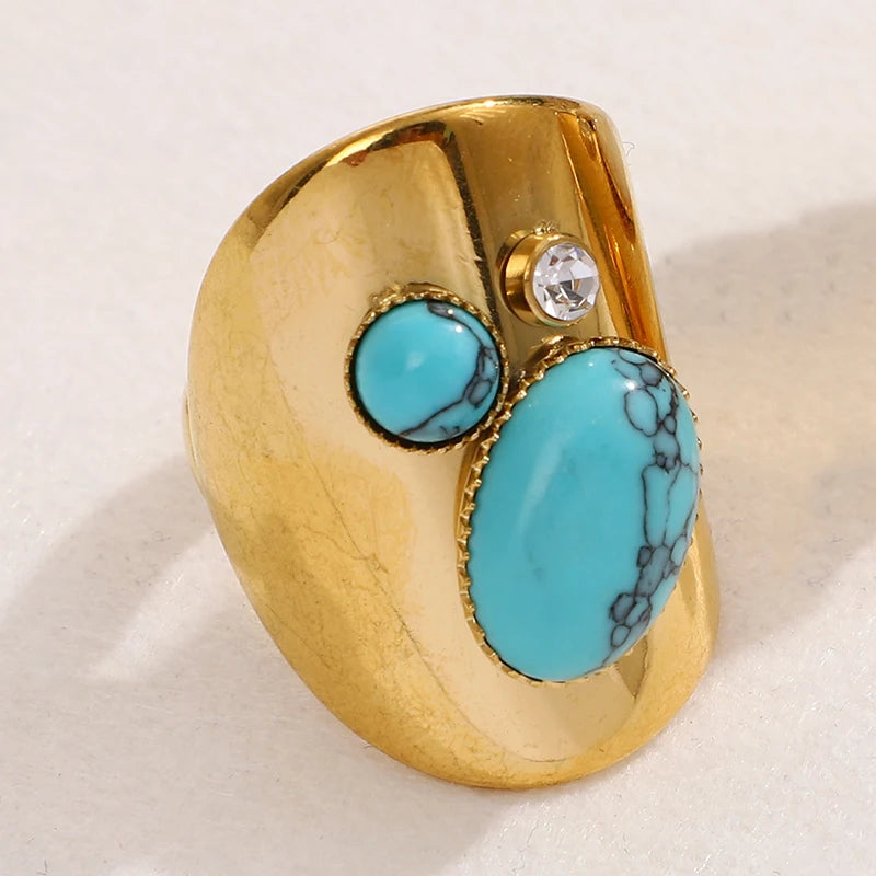 Retro Wide Stainless Steel Vintage Boho Natural Stones Zircon Rings