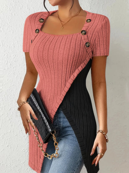 Color Block Button Decor Asymmetrical Hem T-Shirt