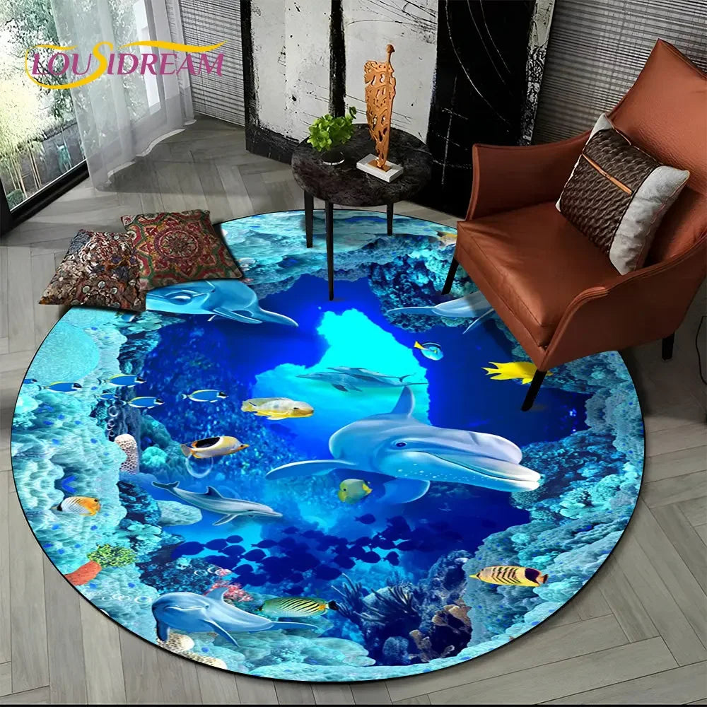 3D Seabed Illusion Underwater World Dolphin Round Area Rug